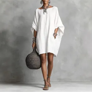 Bohemian white linen-look batwing sleeve loose mini dress for women summer chic style