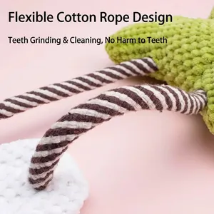 Interactive squeaky plush frog dog toy featuring a durable braided cotton rope for chewing