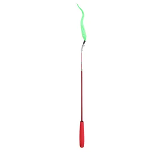 Telescopic carbon fiber cat wand teaser with neon green worm toy on white background