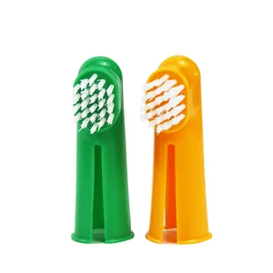 Soft silicone pet finger toothbrushes for dog dental care, green and orange cleaning set