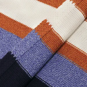 Detalle de primer plano que muestra la textura de un suéter de punto a rayas de colores.