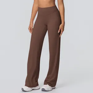 Detail shot of breathable high-waisted brown flare yoga pants with soft brushed texture