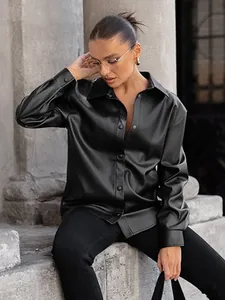 Women's Vintage Black PU Leather Jacket Retro Oversized Turndown Collar Long Sleeve Mid-Length Outerwear Coat For Autumn Winter