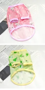 Close-up of breathable mesh pet vests with cute rabbit and avocado patterns.