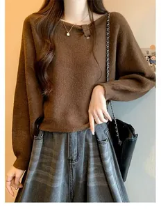Korean style brown knit sweater with unique slanted collar and batwing sleeves detail