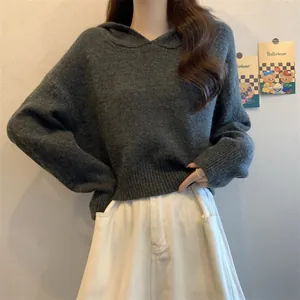 Pull court à capuche en maille grise pour femme avec une coupe ample et douce