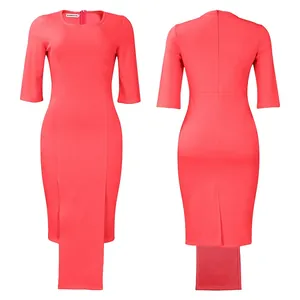 Close-up detail of a coral red bodycon OL office dress with elegant three-quarter sleeves