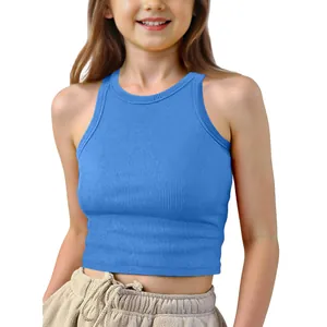 Close-up detail of a child wearing a vibrant blue ribbed sleeveless crop tank top vest