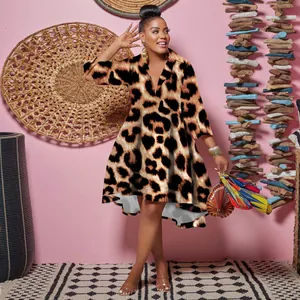 Fashionable leopard print deep V-neck dress with lapel collar and irregular hemline