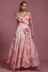 Elegant French vintage pink floral off-shoulder maxi dress with ruffle detail