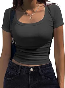 Close-up of a women's slim fit ribbed short sleeve t-shirt in dark grey scoop neck style