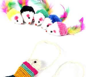 Detail view of colorful plush mice with feathers and handcrafted sisal rope cat toys