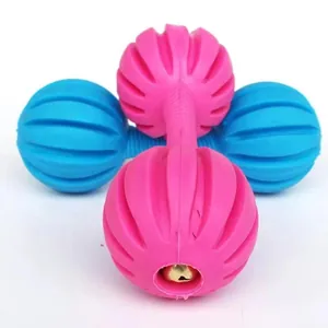 Close-up detail of TPR rubber dumbbell dog toy featuring a built-in bell and grooved texture