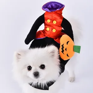 Detailed close-up of Halloween dog clown costume featuring a plush pumpkin and red vest
