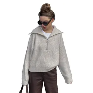 Women's vintage loose knit sweater with oversized collar and quarter-zip in grey