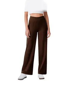 Women's solid coffee brown high waist yoga pants with pockets and straight leg fit