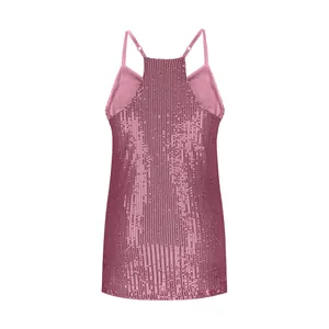 Back view detail of a rose pink sequined sleeveless tank top with spaghetti straps.