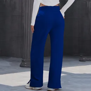 Back view of women's high-waisted royal blue wide-leg trousers with flowy fabric