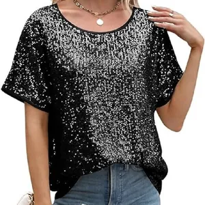 Haut Ample à Paillettes pour Femmes Décontracté Manches Courtes Col Rond Pailleté Pull de Fête Chemisier Brillant Été