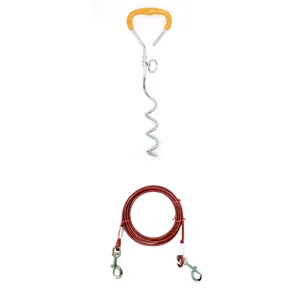 Heavy-duty outdoor spiral dog stake with red steel wire tie-out cable for pet safety.