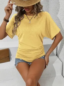 Yellow slim-fit summer T-shirt for women with crew neck and side ruching details
