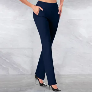 High-waisted navy blue yoga pants with tummy control feature for athletic women