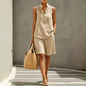 Two-piece linen-look set with sleeveless button-up top and matching shorts