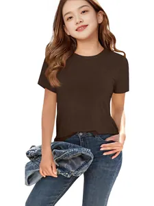 Bruin geribbeld T-shirt met korte mouwen voor meisjes, ronde hals en nauwsluitende pasvorm