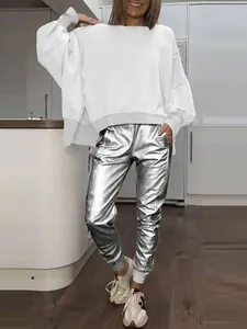 Women's casual white side slit top and silver metallic jogger pants two-piece set