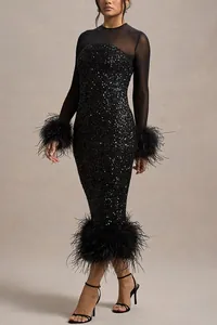 Elegant black sequin party dress featuring mesh sleeves and luxury feather trim details.