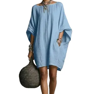 Light blue casual loose batwing sleeve cotton linen style dress for spring and summer