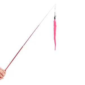 Telescopic carbon fiber cat wand teaser with a bright pink plush worm attachment.
