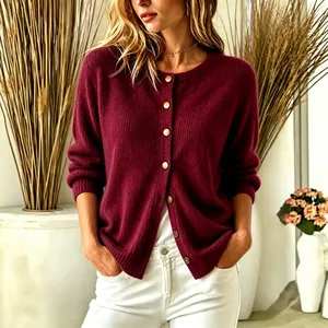 Elegant burgundy long sleeve button-down knit cardigan for women, perfect for autumn style.