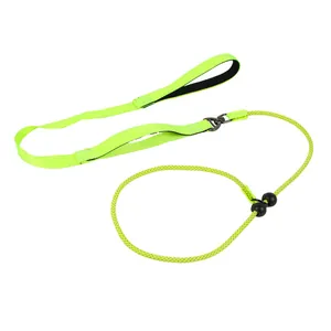 Detailed view of the neon yellow P-chain dog slip lead with black adjustable stoppers