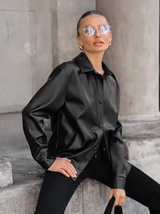 Elegant black PU leather shirt jacket with vintage buttons and classic collar for women