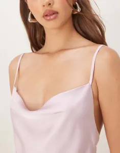 Detailed view of cowl neck and satin fabric on this elegant lavender camisole dress