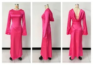 Elegant hot pink satin dress featuring backless design and bell sleeves in three views