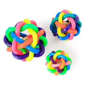 TPR Dog Squeaky Bell Ball Toy Molar Teeth Cleaning Colorful Hollow Woven Interactive Pet Toy Ball For Small Medium Dogs