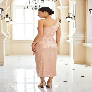 Back view of an elegant rose gold sequin one-shoulder cocktail dress for weddings