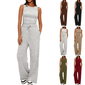 Completo Due Pezzi Da Donna Gilet Senza Maniche Girocollo Plissettato Vita Alta Gamba Larga Pantaloni Con Coulisse Poliestere Top E Bottom