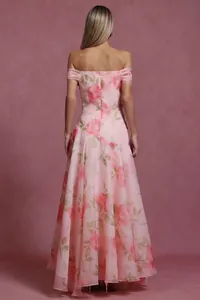 Back view of a pink French vintage floral off-shoulder maxi dress for summer
