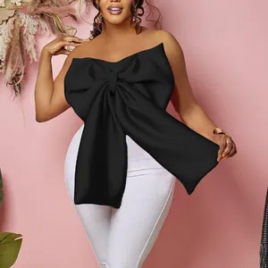 Top a fascia nero sexy da donna con grande fiocco decorativo e spalle scoperte.