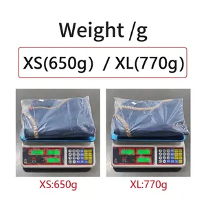 Weight details for XS (650g) and XL (770g) sizes of the rhinestone denim dress.