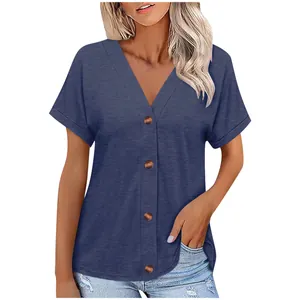 Front view of women's blue v-neck short sleeve t-shirt with button details