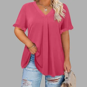 Blusa informal de talla grande con cuello en V y mangas con volantes rosa oscuro