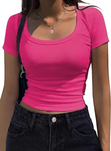 Close-up detail of hot pink ribbed knit texture on women's slim scoop neck t-shirt