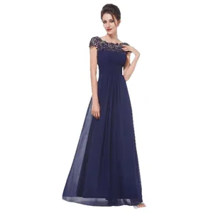 Elegant navy blue floor-length lace evening gown for bridesmaids and formal events