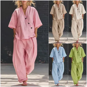 Women European Casual Polyester Cotton V-Neck Short Sleeve Top And High Waist Wide Leg Pants Top And Bottom Matching Outfit