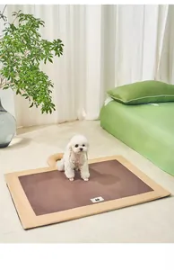 Weißer Pudel sitzt auf einer braunen Haustier-Kühlmatte in einem modernen Schlafzimmer.