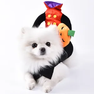 Detail of a white dog wearing a red and black Halloween clown costume with a pumpkin.